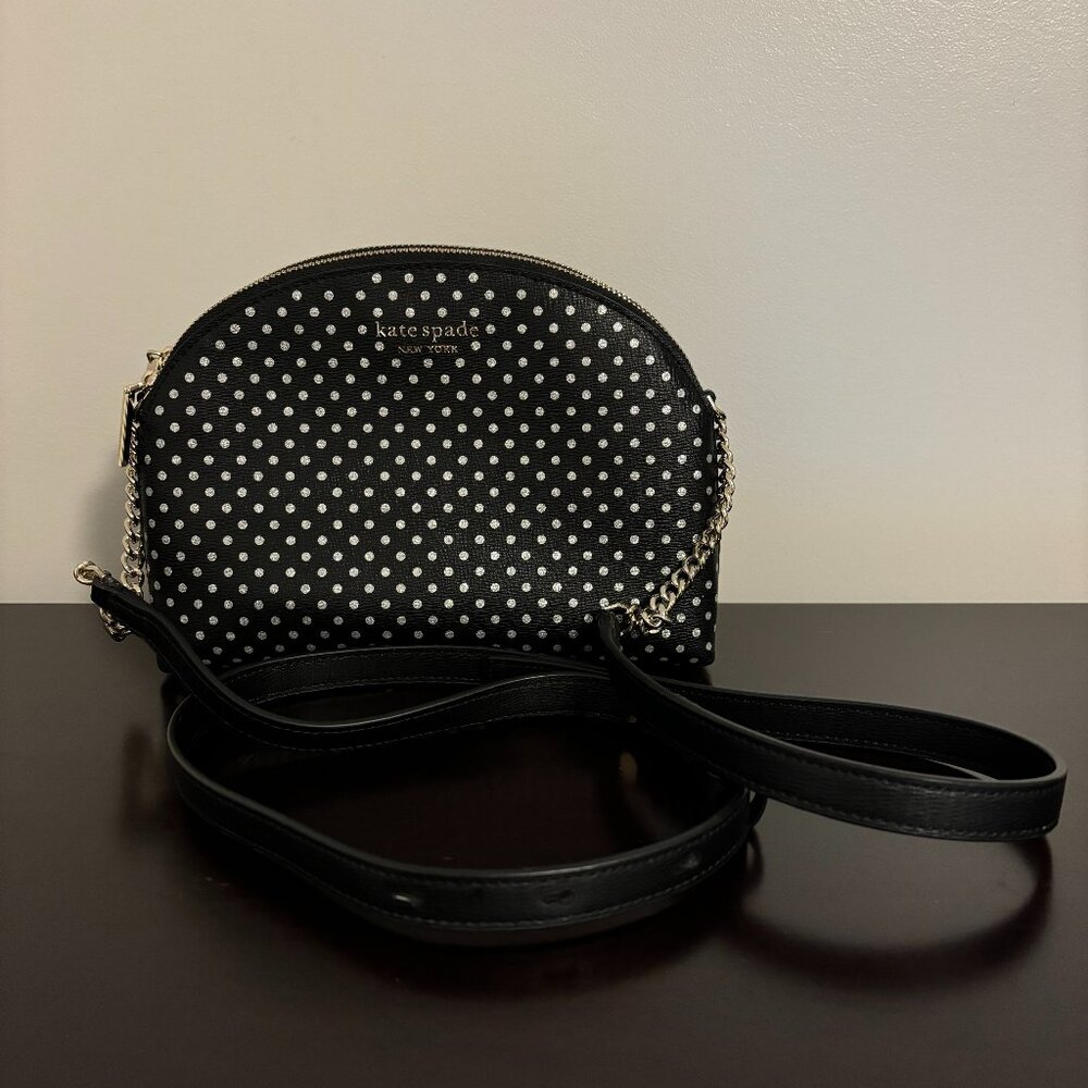 Kate Spade Spencer Double Zip Black Silver Metallic Polka Dot Dome Crossbody